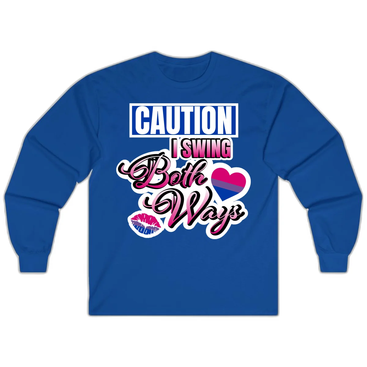 Caution swing both ways design with bisexual flag heart and lip print, blue caution banner with pink text on white background in Royal