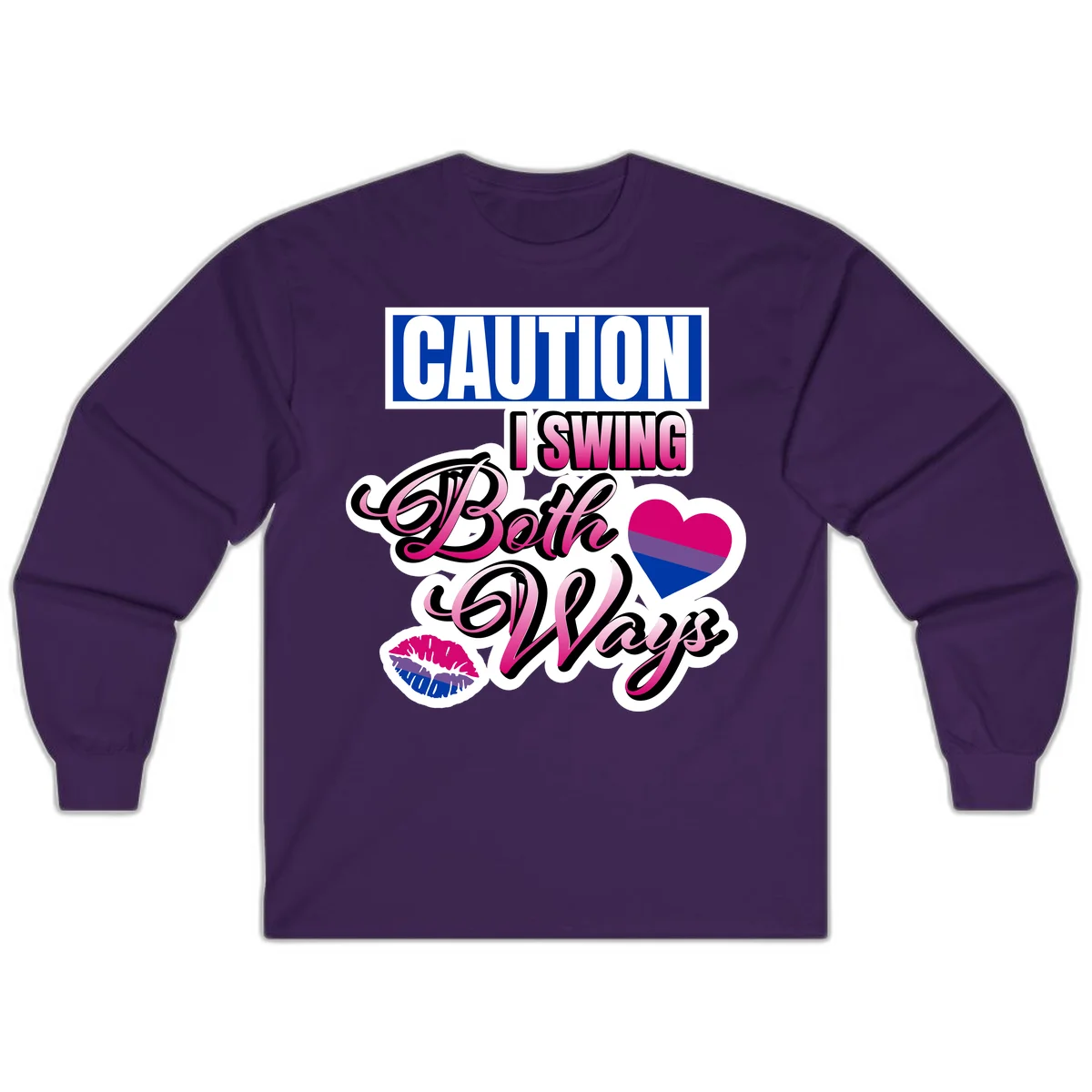 Caution swing both ways design with bisexual flag heart and lip print, blue caution banner with pink text on white background in Purple