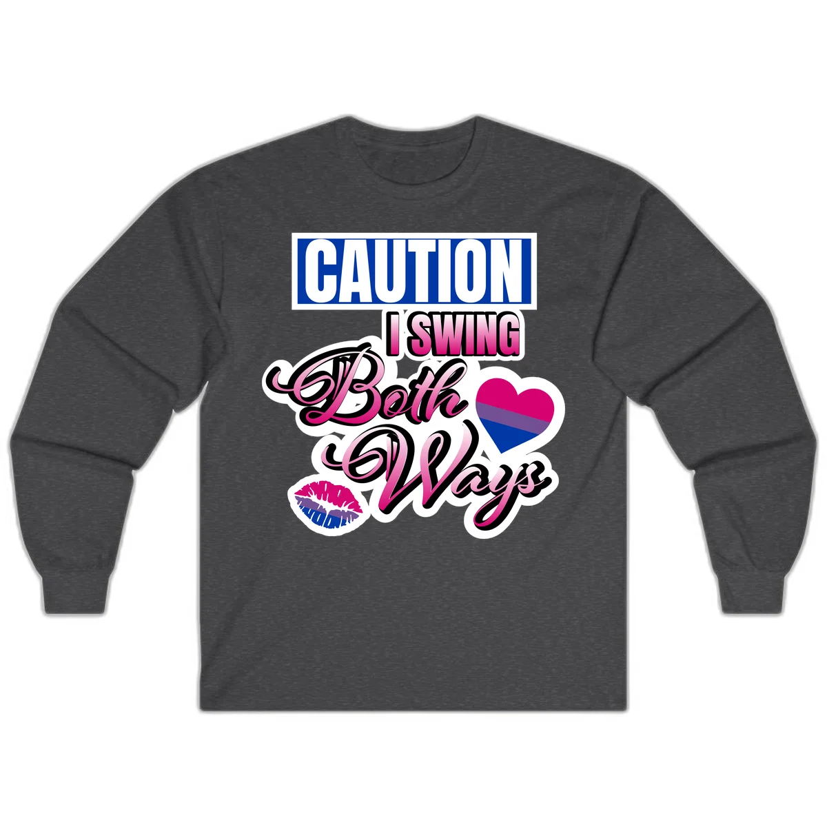 Caution swing both ways design with bisexual flag heart and lip print, blue caution banner with pink text on white background in Dark Heather
