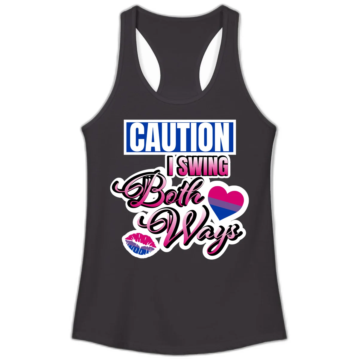 Caution swing both ways design with bisexual flag heart and lip print, blue caution banner with pink text on white background in Black