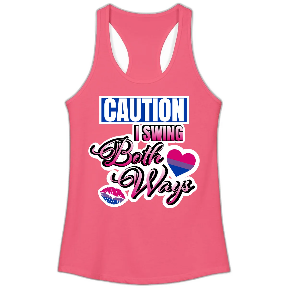 Caution swing both ways design with bisexual flag heart and lip print, blue caution banner with pink text on white background in Hot Pink