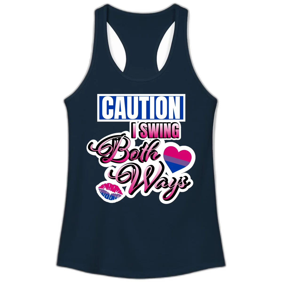 Caution swing both ways design with bisexual flag heart and lip print, blue caution banner with pink text on white background in Solid Midnight Navy