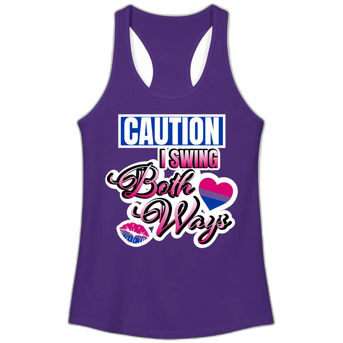Caution swing both ways design with bisexual flag heart and lip print, blue caution banner with pink text on white background in Solid Purple Rush