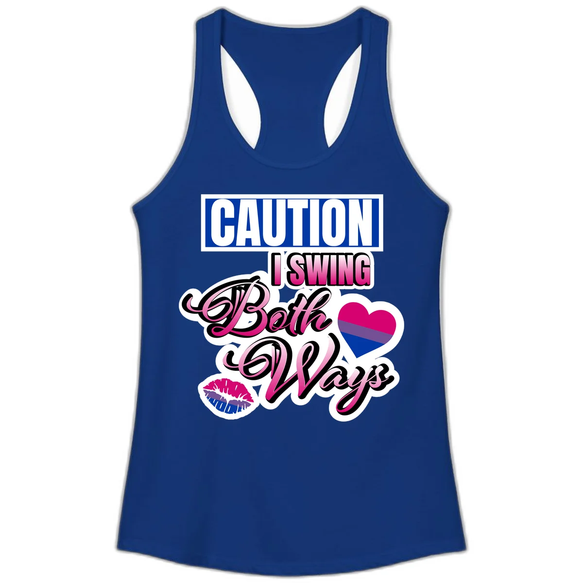 Caution swing both ways design with bisexual flag heart and lip print, blue caution banner with pink text on white background in Solid Royal