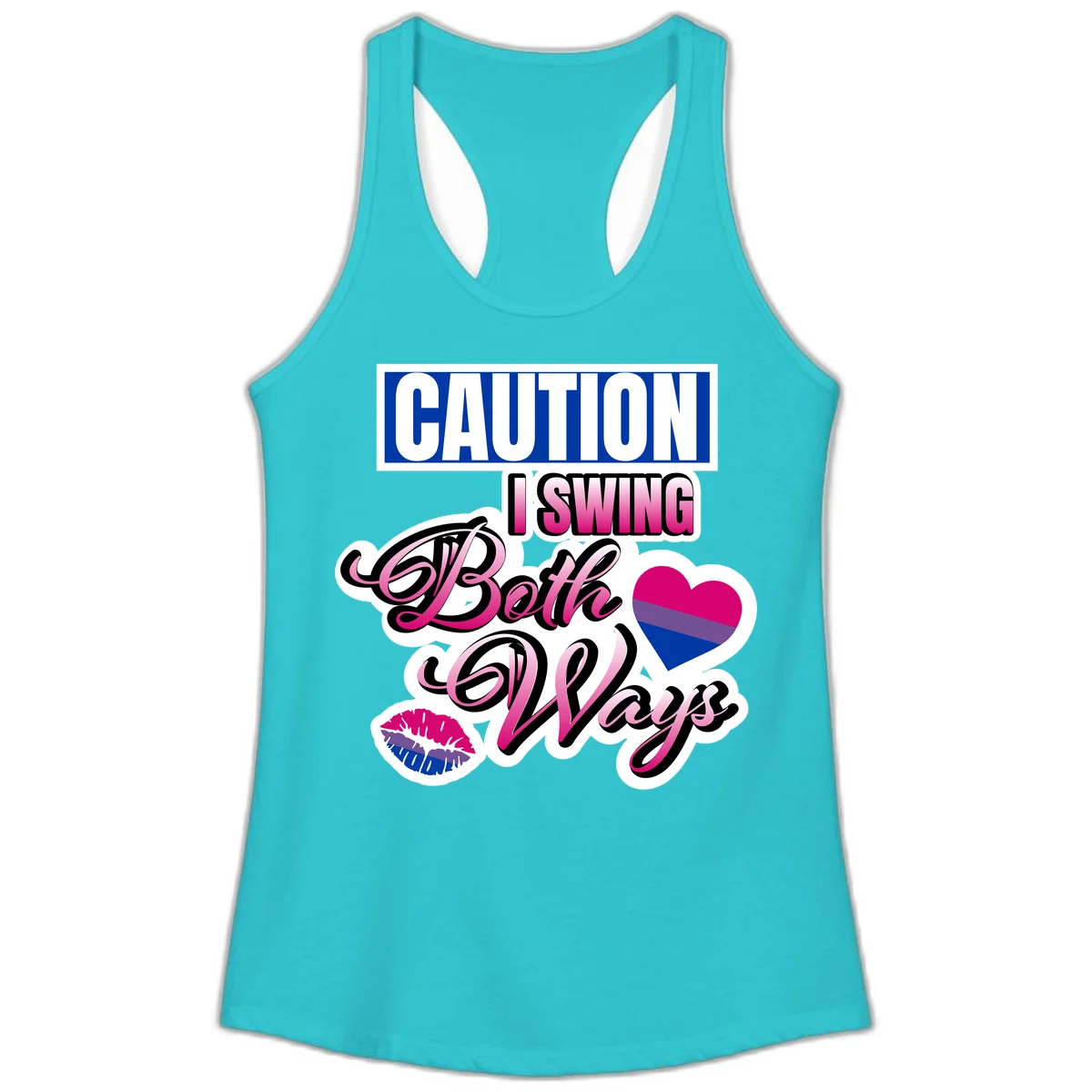 Caution swing both ways design with bisexual flag heart and lip print, blue caution banner with pink text on white background in Solid Tahiti Blue