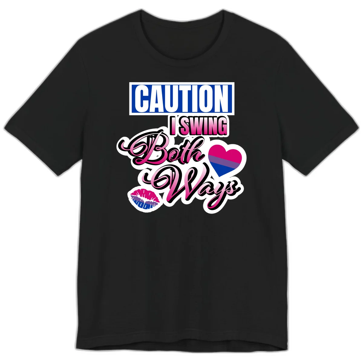 Caution swing both ways design with bisexual flag heart and lip print, blue caution banner with pink text on white background in Black