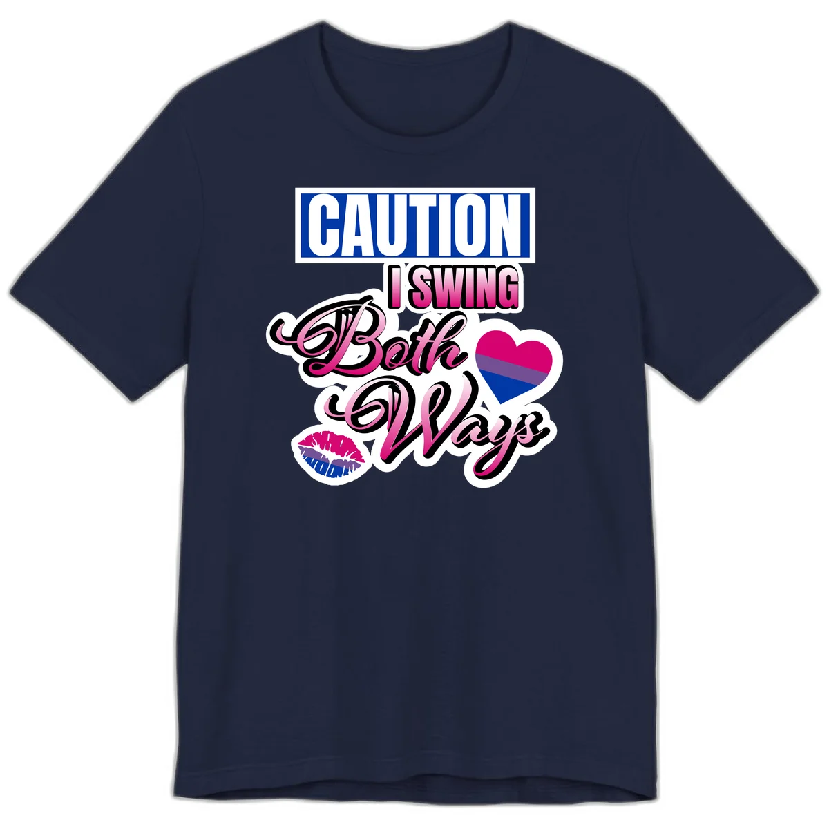 Caution swing both ways design with bisexual flag heart and lip print, blue caution banner with pink text on white background in Navy