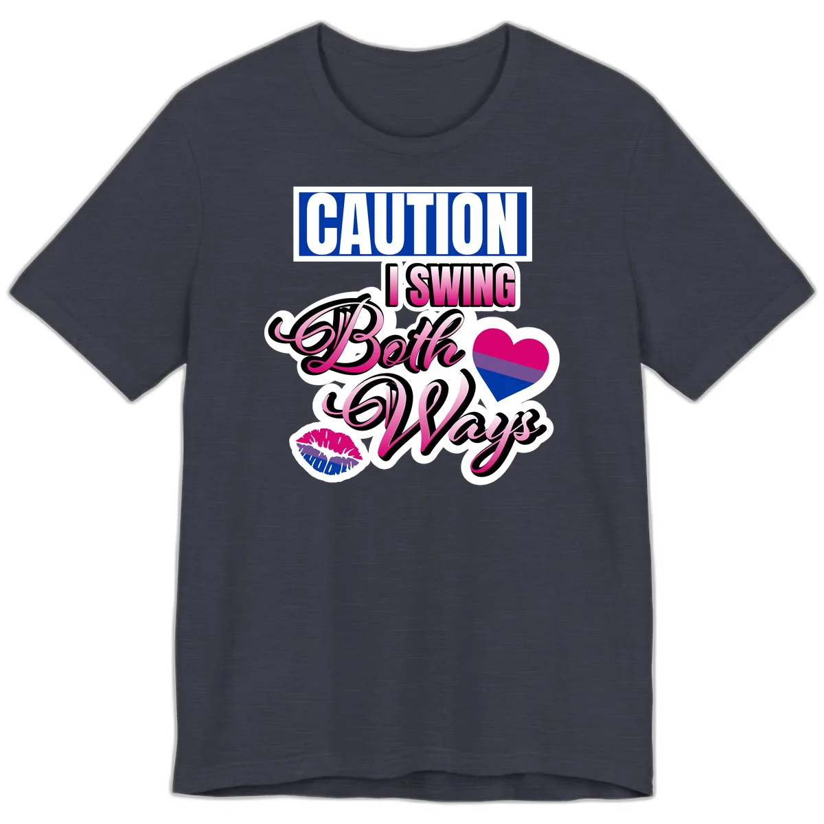 Caution swing both ways design with bisexual flag heart and lip print, blue caution banner with pink text on white background in Heather Midnight Navy