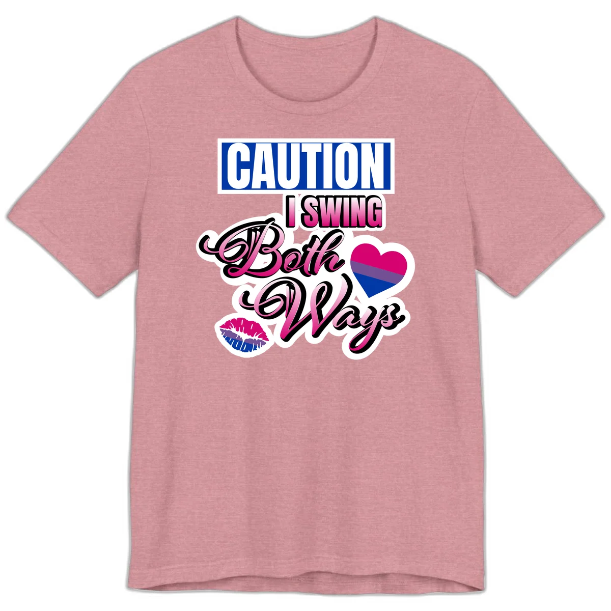 Caution swing both ways design with bisexual flag heart and lip print, blue caution banner with pink text on white background in Heather Orchid