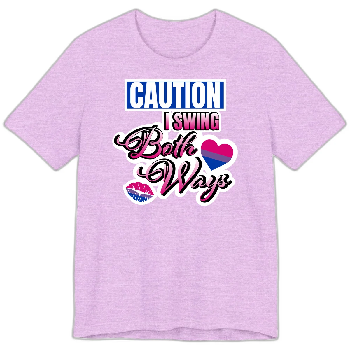 Caution swing both ways design with bisexual flag heart and lip print, blue caution banner with pink text on white background in Heather Prism Lilac