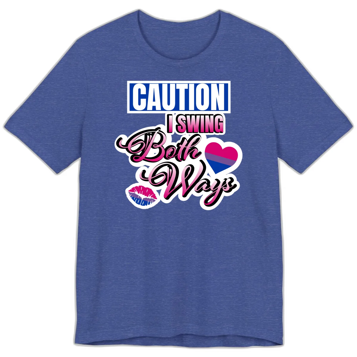 Caution swing both ways design with bisexual flag heart and lip print, blue caution banner with pink text on white background in Heather True Royal