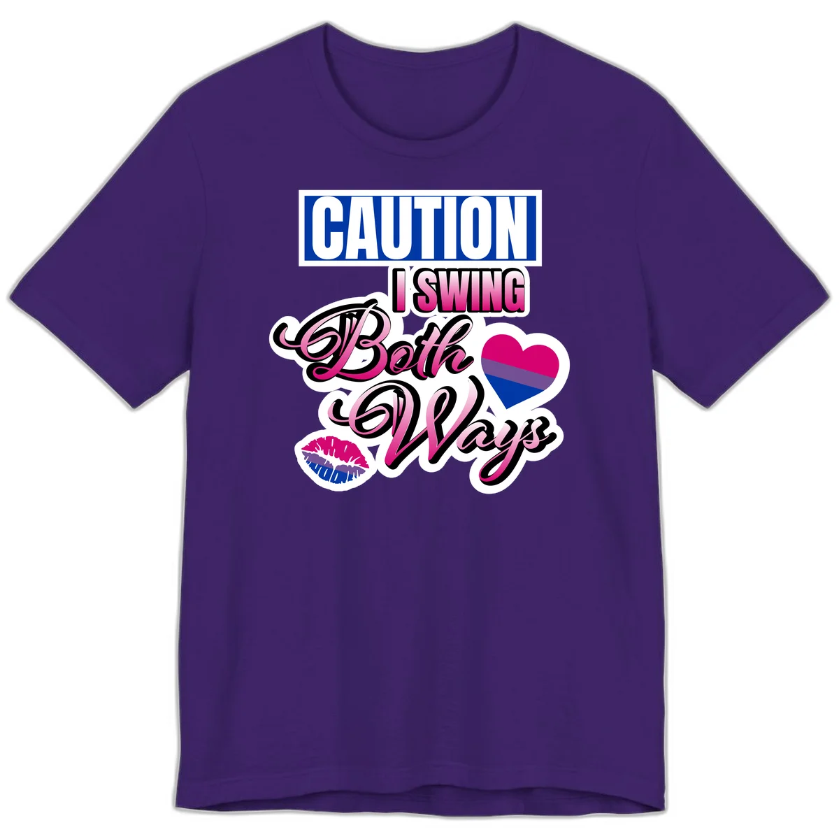 Caution swing both ways design with bisexual flag heart and lip print, blue caution banner with pink text on white background in Team Purple