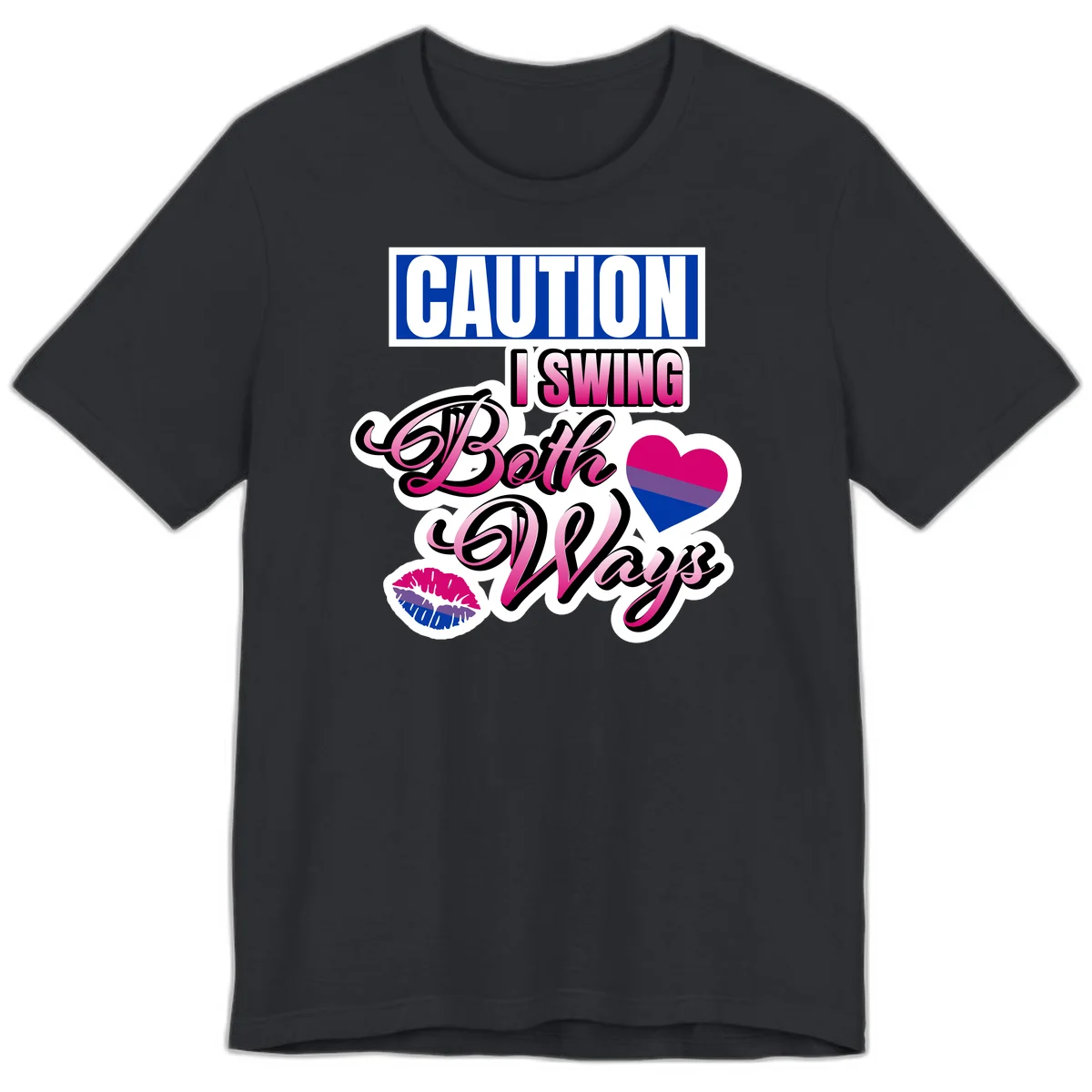 Caution swing both ways design with bisexual flag heart and lip print, blue caution banner with pink text on white background in Vintage Black