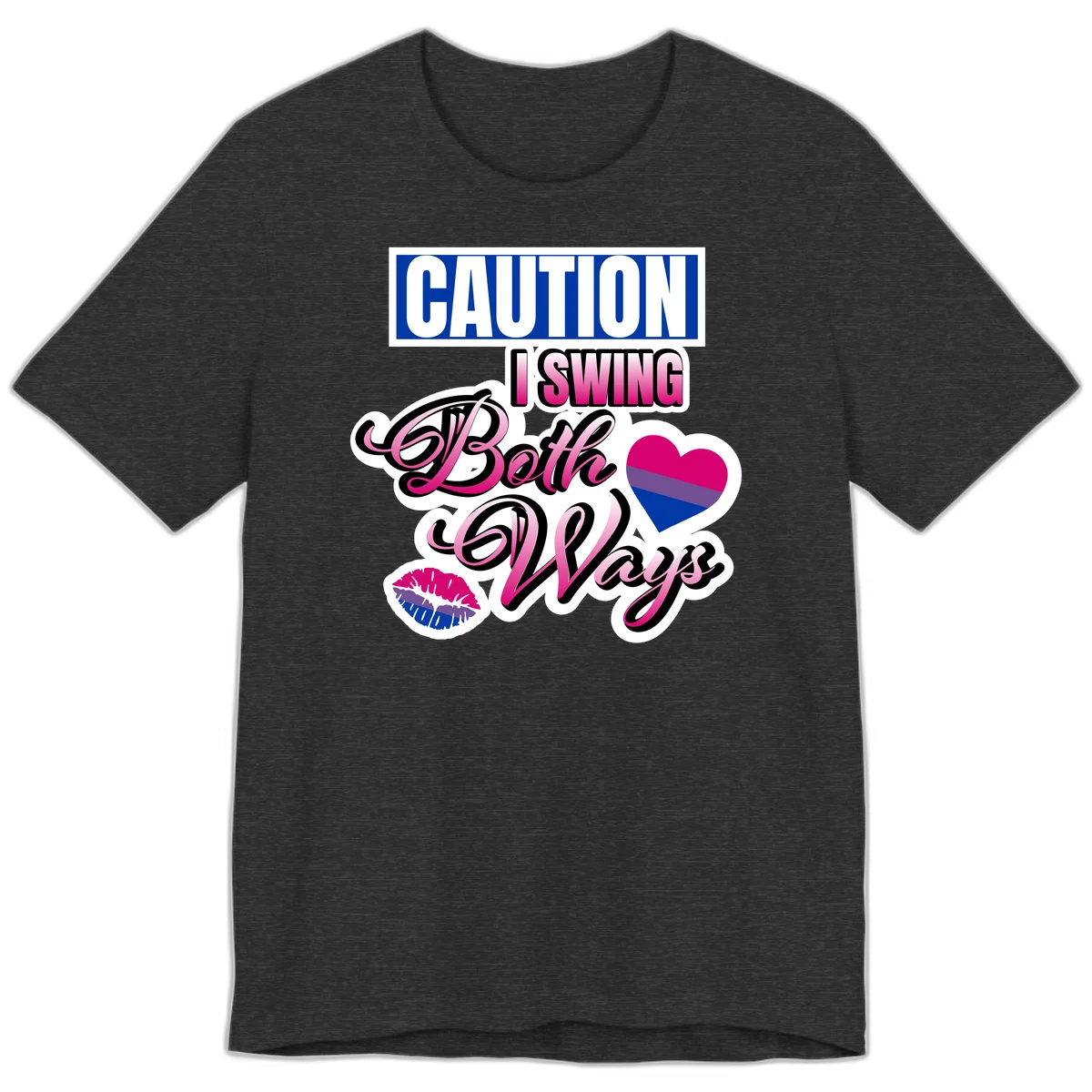Caution swing both ways design with bisexual flag heart and lip print, blue caution banner with pink text on white background in Dark Grey Heather