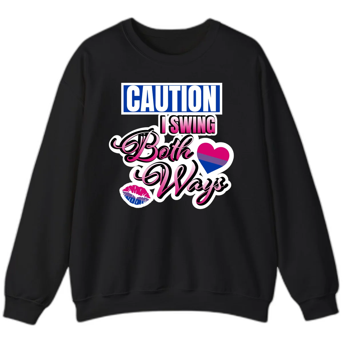 Caution swing both ways design with bisexual flag heart and lip print, blue caution banner with pink text on white background in Black
