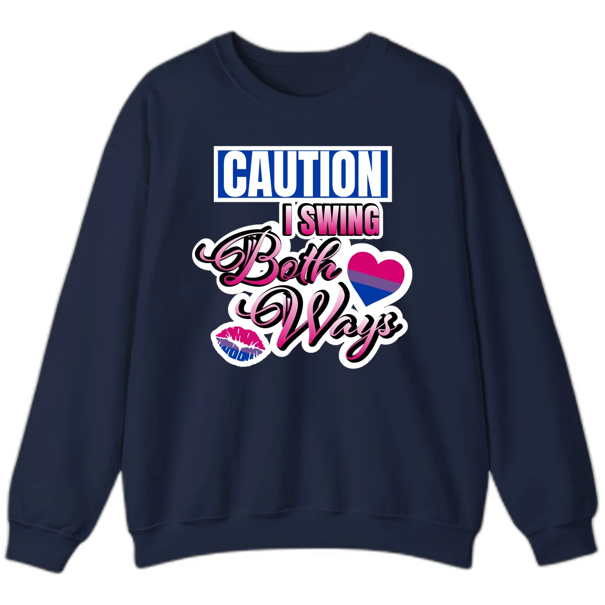 Caution swing both ways design with bisexual flag heart and lip print, blue caution banner with pink text on white background in Navy