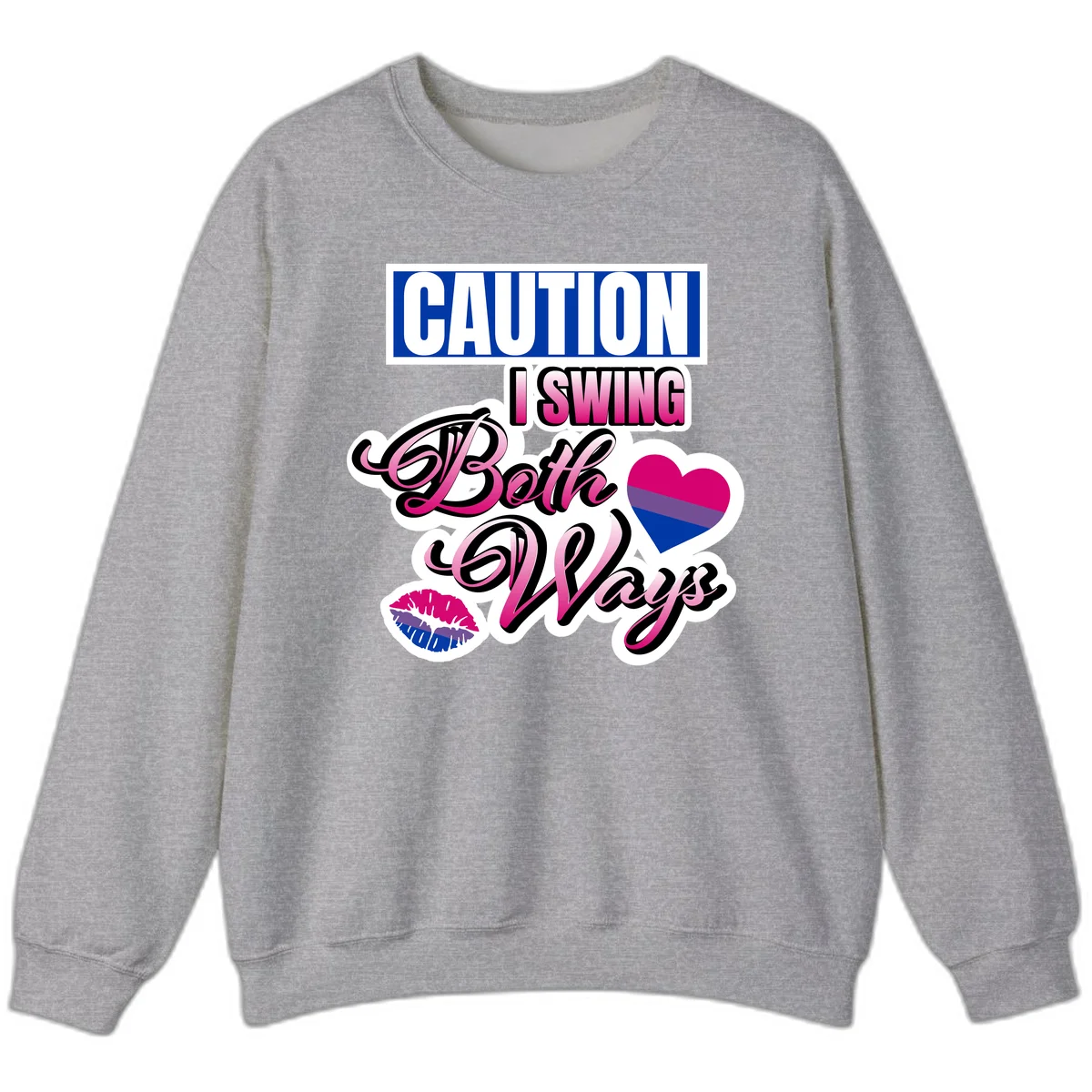 Caution swing both ways design with bisexual flag heart and lip print, blue caution banner with pink text on white background in Sport Grey
