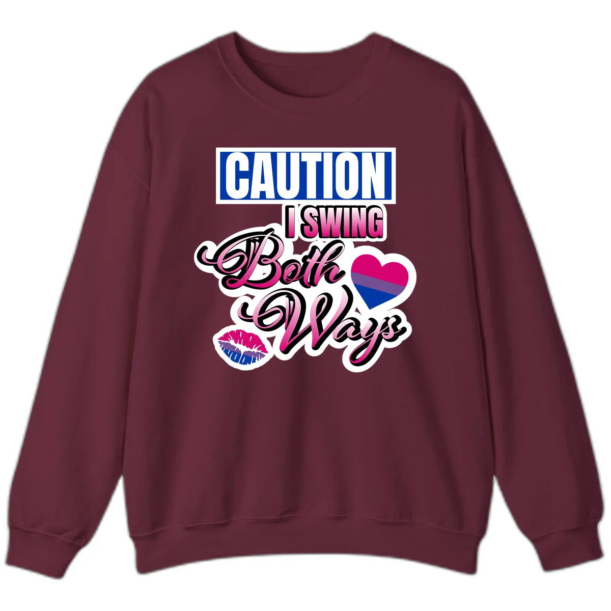 Caution swing both ways design with bisexual flag heart and lip print, blue caution banner with pink text on white background in Maroon