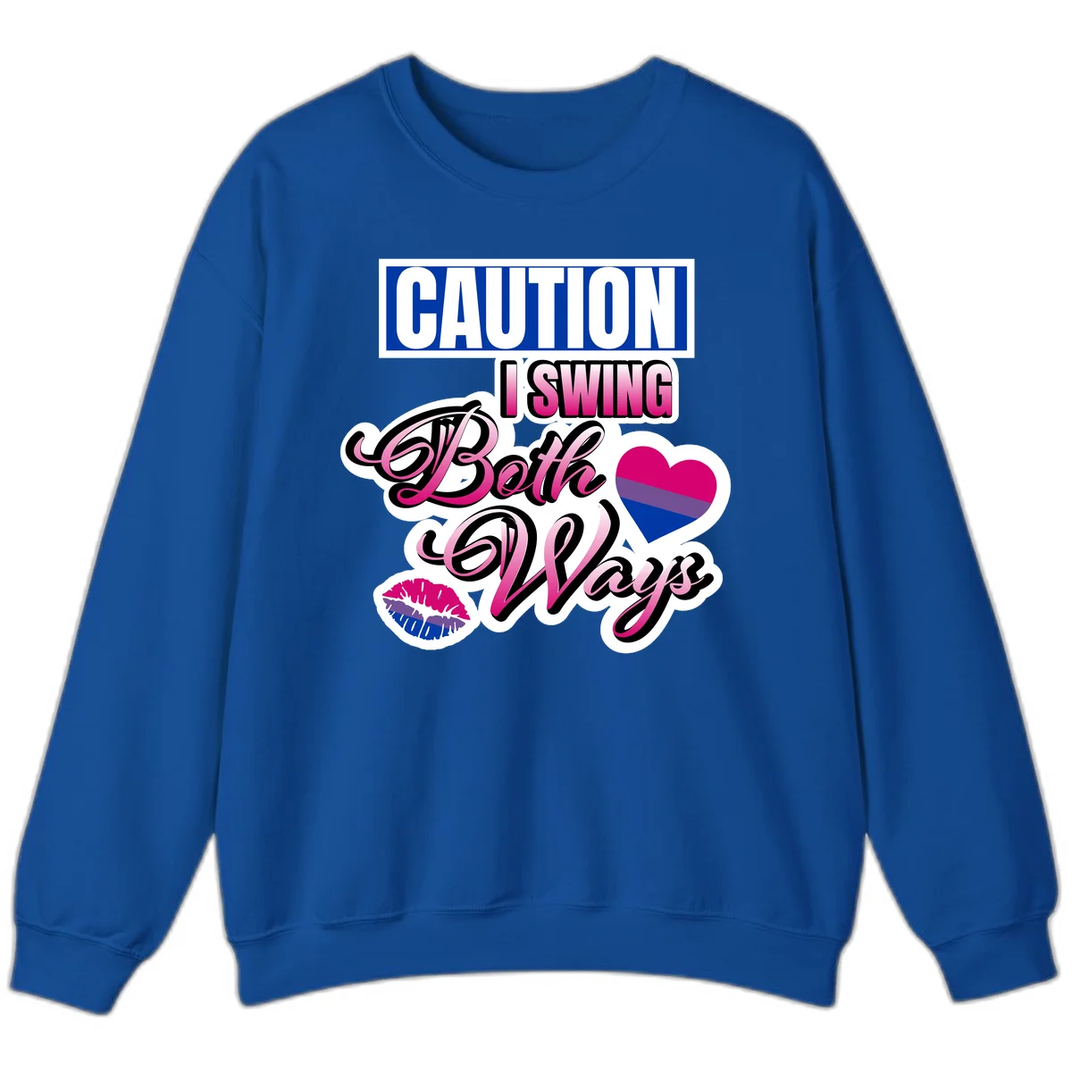 Caution swing both ways design with bisexual flag heart and lip print, blue caution banner with pink text on white background in Royal