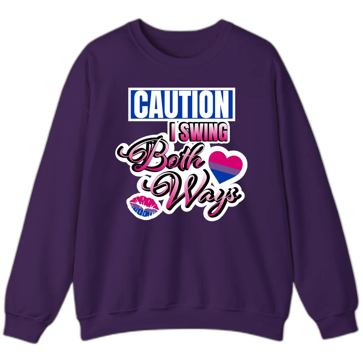 Caution swing both ways design with bisexual flag heart and lip print, blue caution banner with pink text on white background in Purple