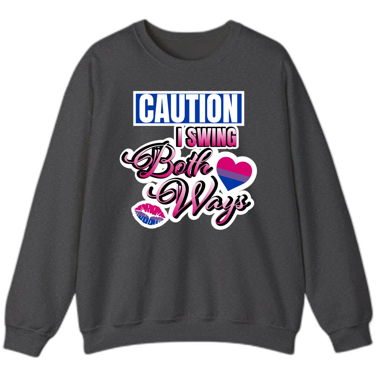Caution swing both ways design with bisexual flag heart and lip print, blue caution banner with pink text on white background in Dark Heather