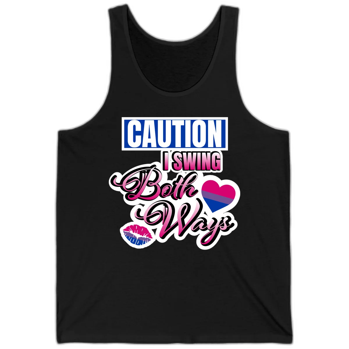 Caution swing both ways design with bisexual flag heart and lip print, blue caution banner with pink text on white background in Black