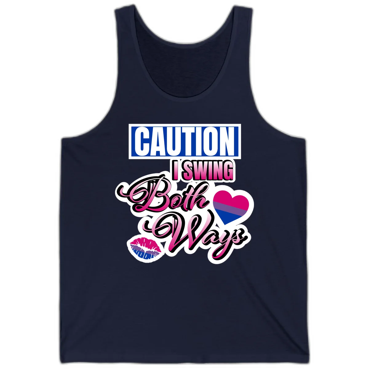 Caution swing both ways design with bisexual flag heart and lip print, blue caution banner with pink text on white background in Navy