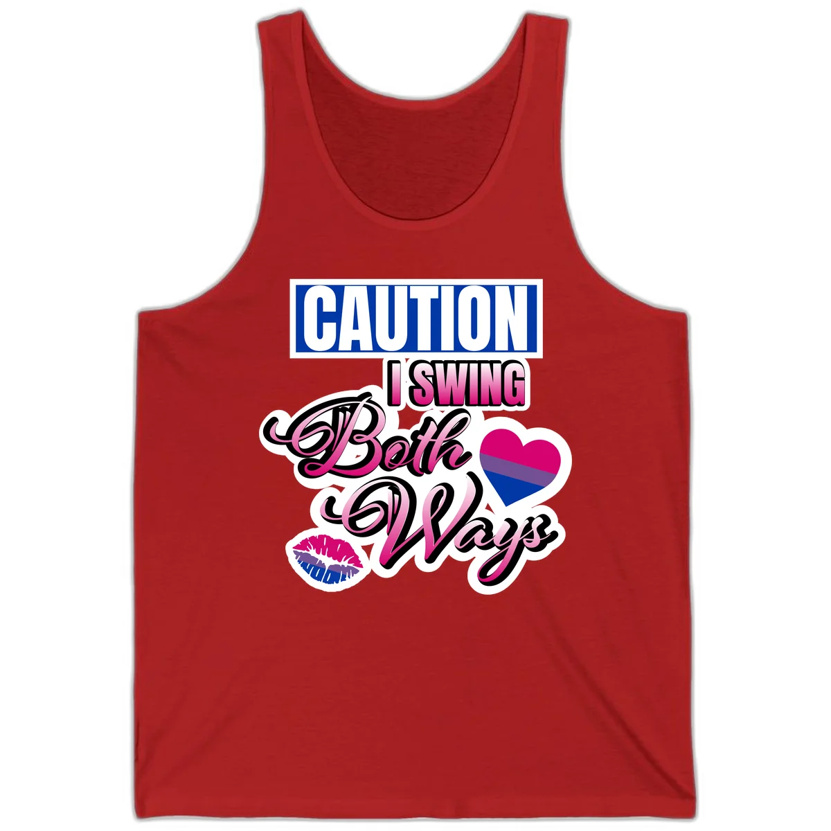 Caution swing both ways design with bisexual flag heart and lip print, blue caution banner with pink text on white background in Red