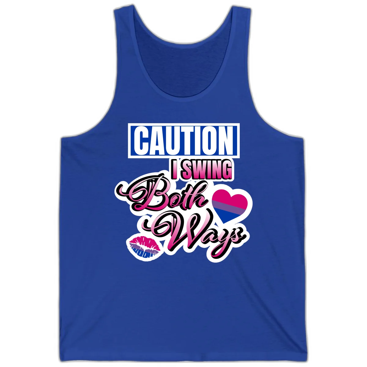 Caution swing both ways design with bisexual flag heart and lip print, blue caution banner with pink text on white background in True Royal