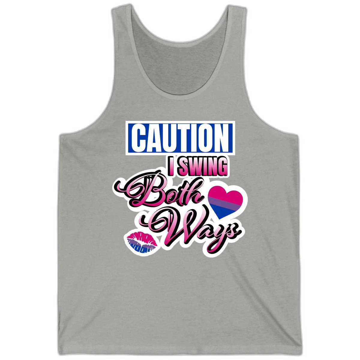 Caution swing both ways design with bisexual flag heart and lip print, blue caution banner with pink text on white background in Athletic Heather