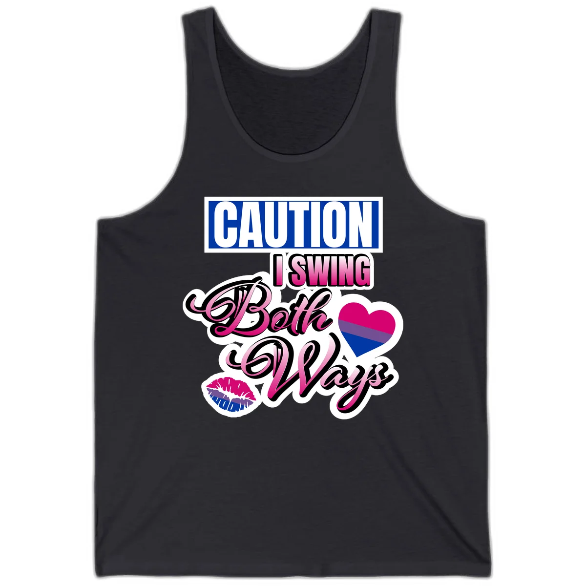 Caution swing both ways design with bisexual flag heart and lip print, blue caution banner with pink text on white background in Dark Grey