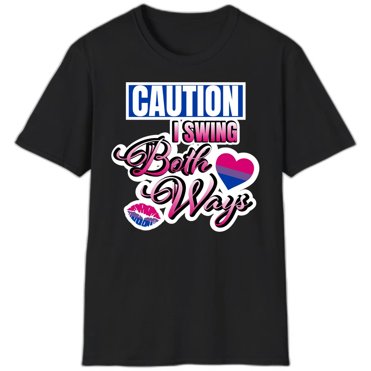 Caution swing both ways design with bisexual flag heart and lip print, blue caution banner with pink text on white background in Black