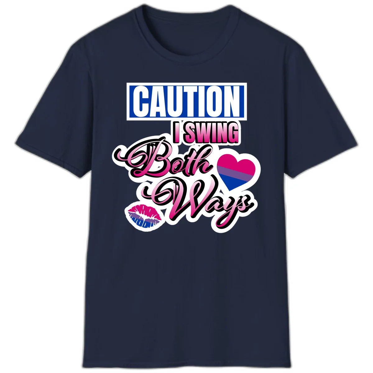 Caution swing both ways design with bisexual flag heart and lip print, blue caution banner with pink text on white background in Navy