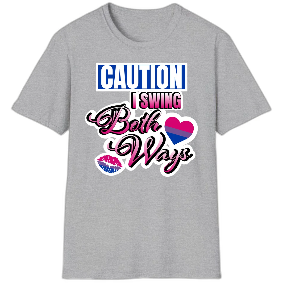 Caution swing both ways design with bisexual flag heart and lip print, blue caution banner with pink text on white background in Sport Grey