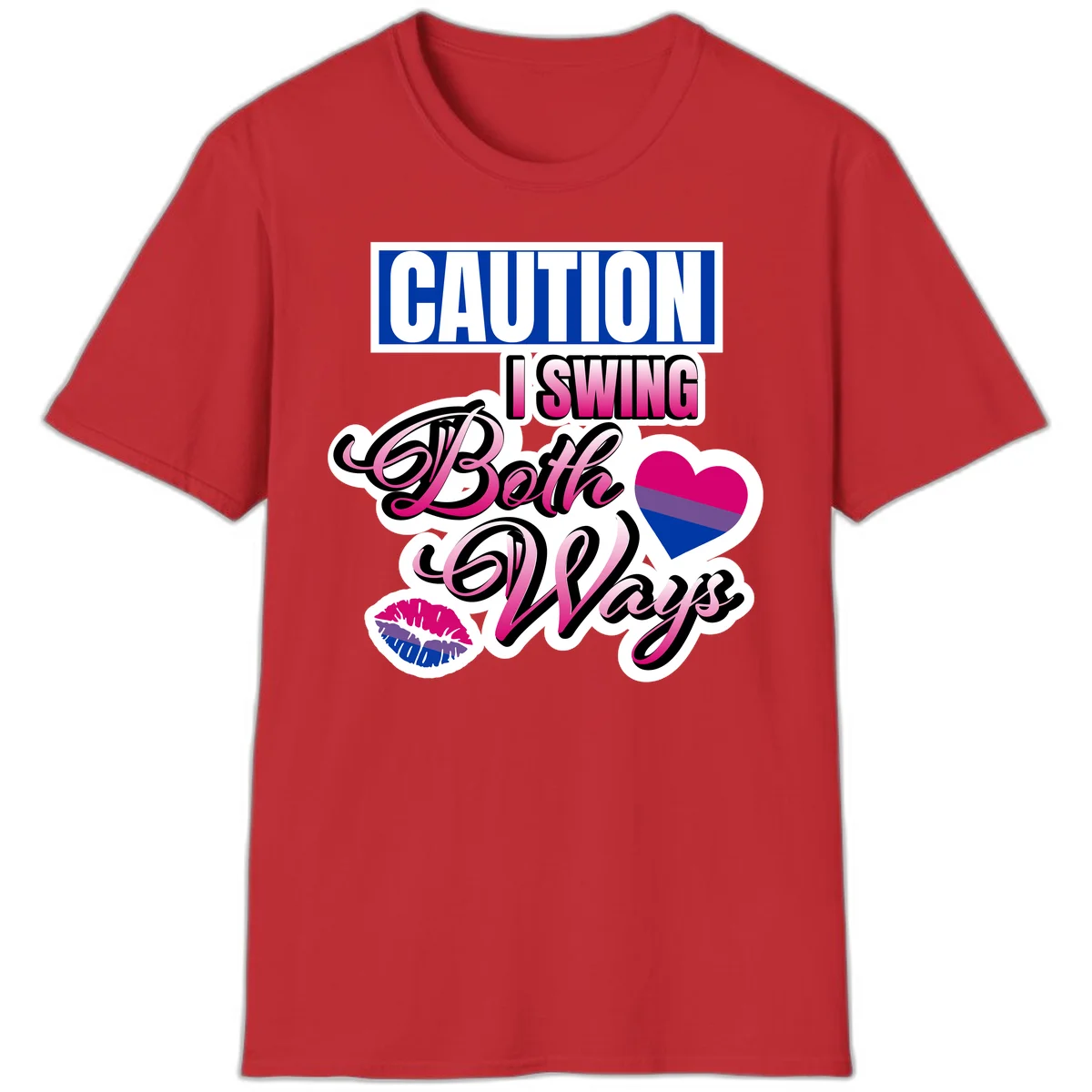 Caution swing both ways design with bisexual flag heart and lip print, blue caution banner with pink text on white background in Red