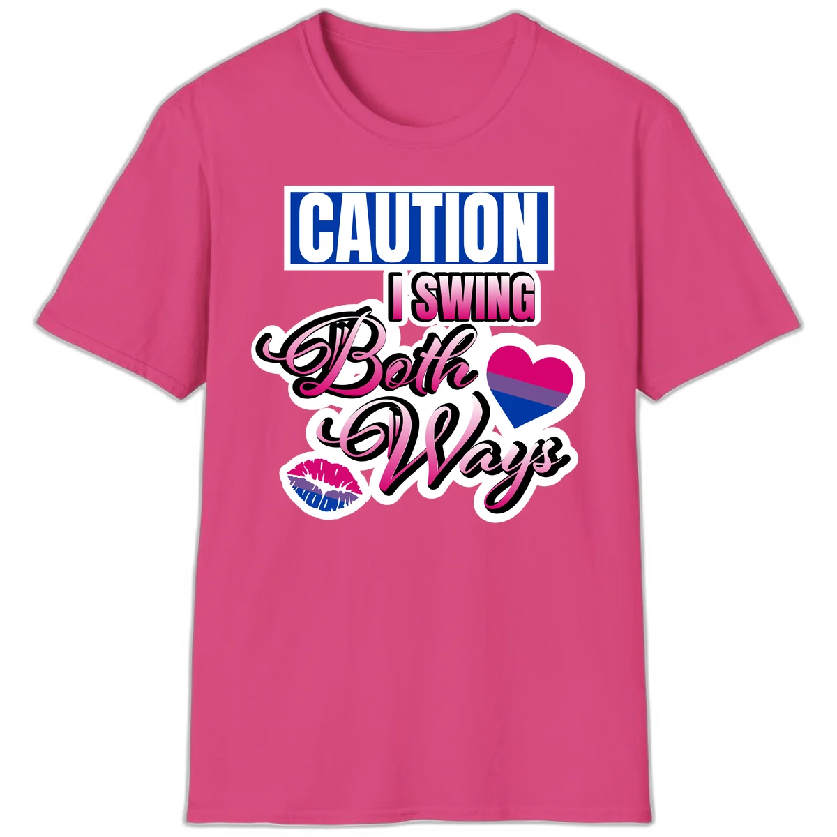 Caution swing both ways design with bisexual flag heart and lip print, blue caution banner with pink text on white background in Heliconia