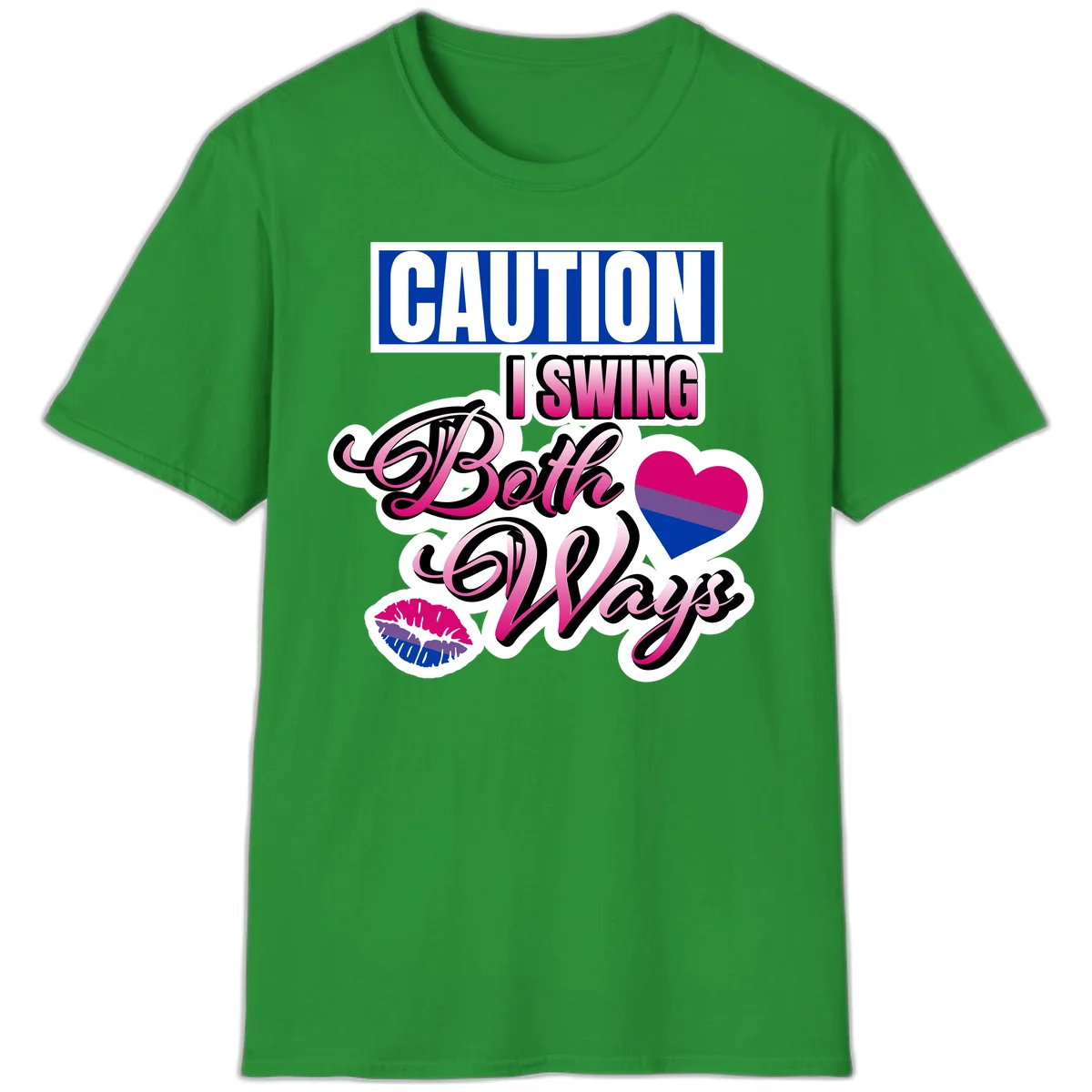 Caution swing both ways design with bisexual flag heart and lip print, blue caution banner with pink text on white background in Irish Green