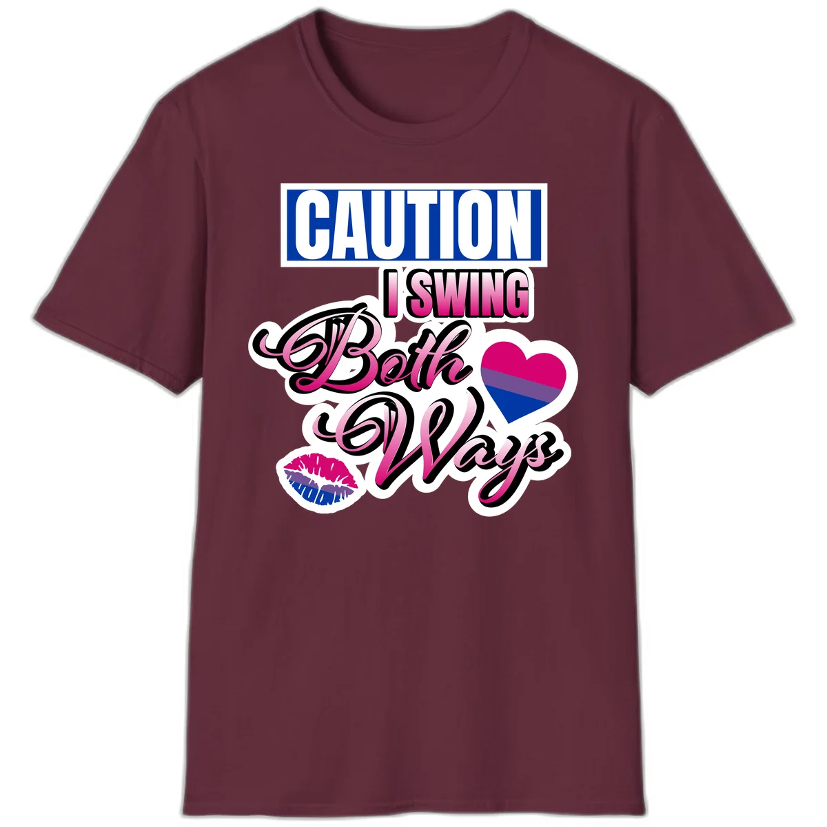 Caution swing both ways design with bisexual flag heart and lip print, blue caution banner with pink text on white background in Maroon
