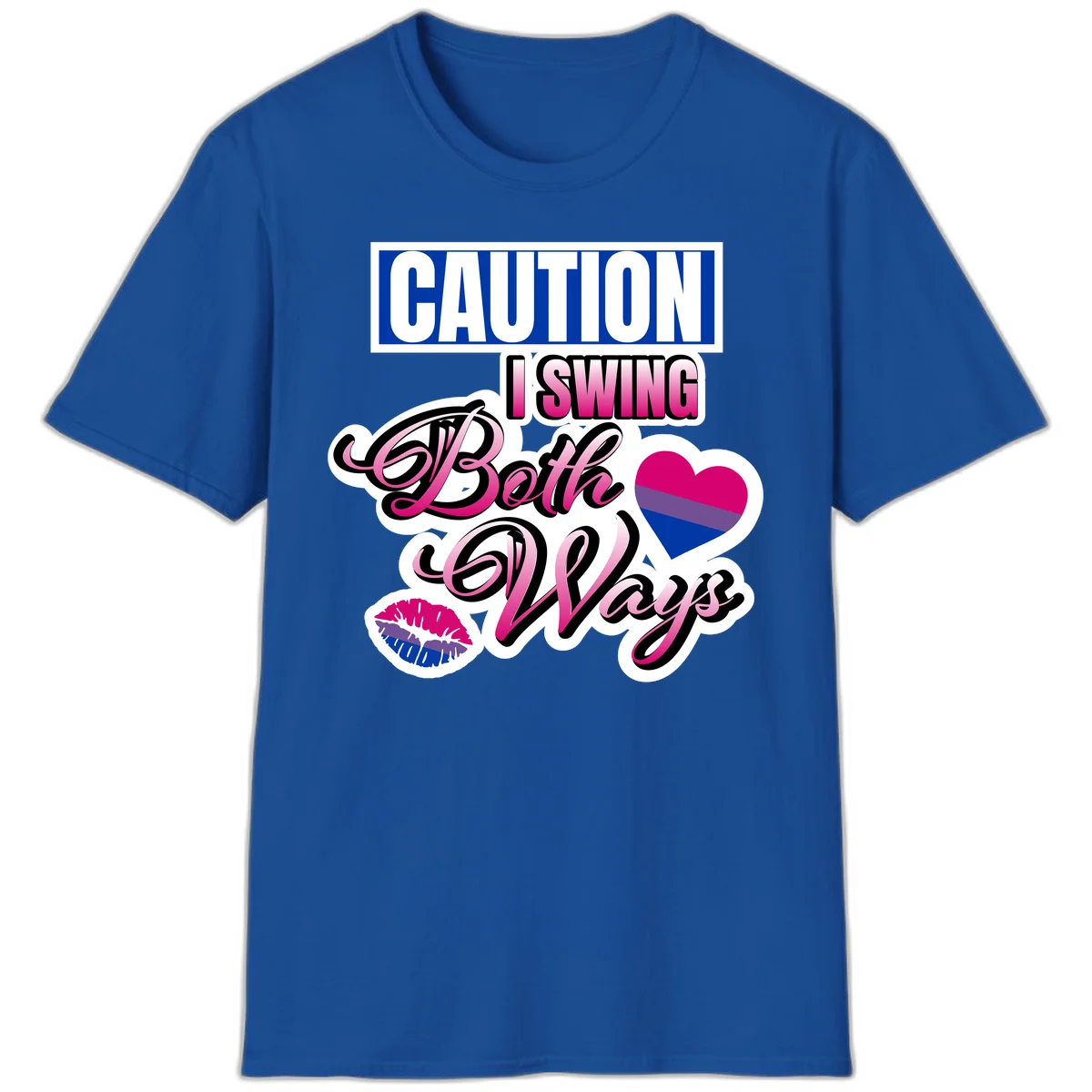 Caution swing both ways design with bisexual flag heart and lip print, blue caution banner with pink text on white background in Royal