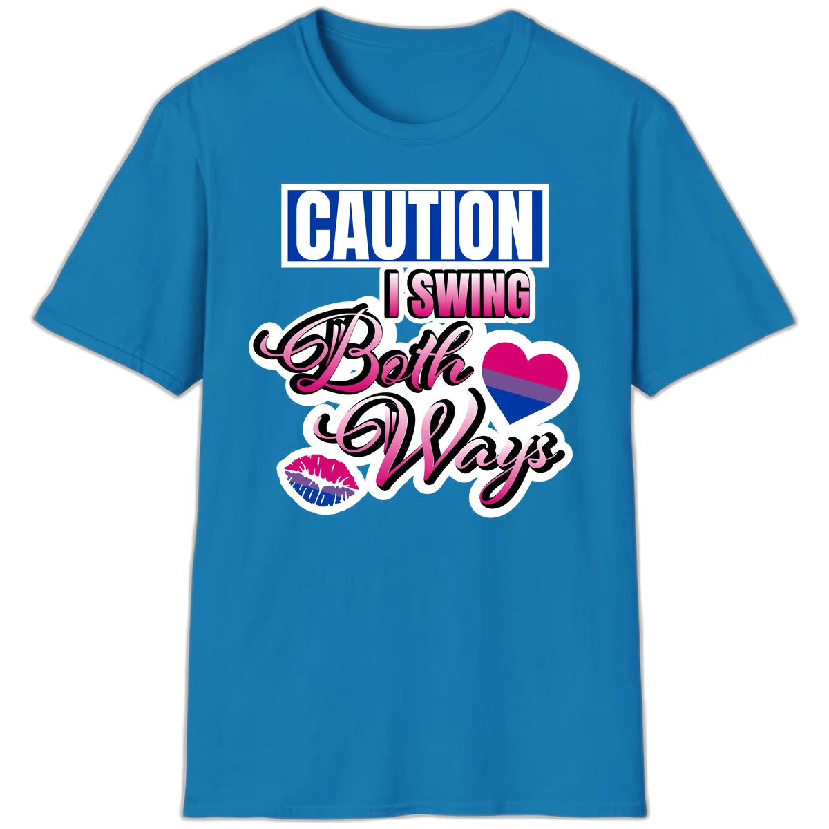 Caution swing both ways design with bisexual flag heart and lip print, blue caution banner with pink text on white background in Sapphire