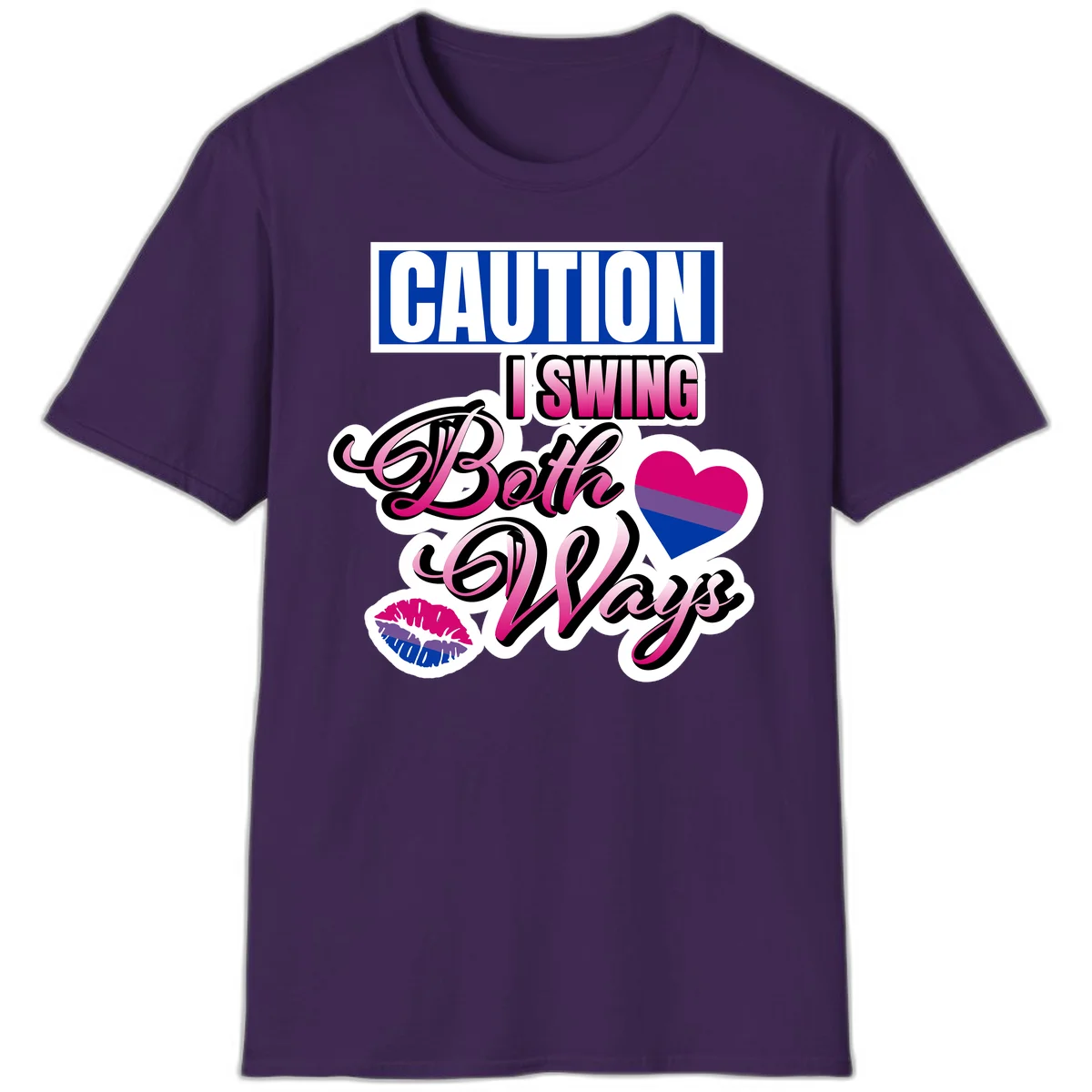 Caution swing both ways design with bisexual flag heart and lip print, blue caution banner with pink text on white background in Purple
