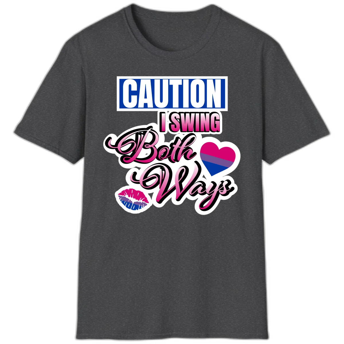 Caution swing both ways design with bisexual flag heart and lip print, blue caution banner with pink text on white background in Dark Heather