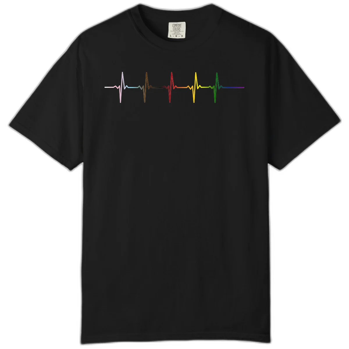 Rainbow heartbeat EKG waveform with each pulse peak in different pride colors including pink, red, yellow, green, and blue in Black