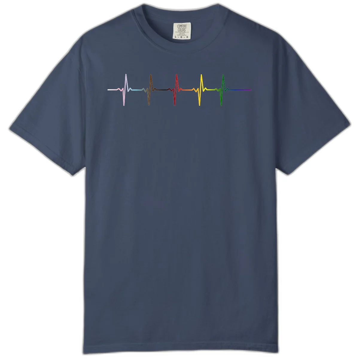 Rainbow heartbeat EKG waveform with each pulse peak in different pride colors including pink, red, yellow, green, and blue in Midnight