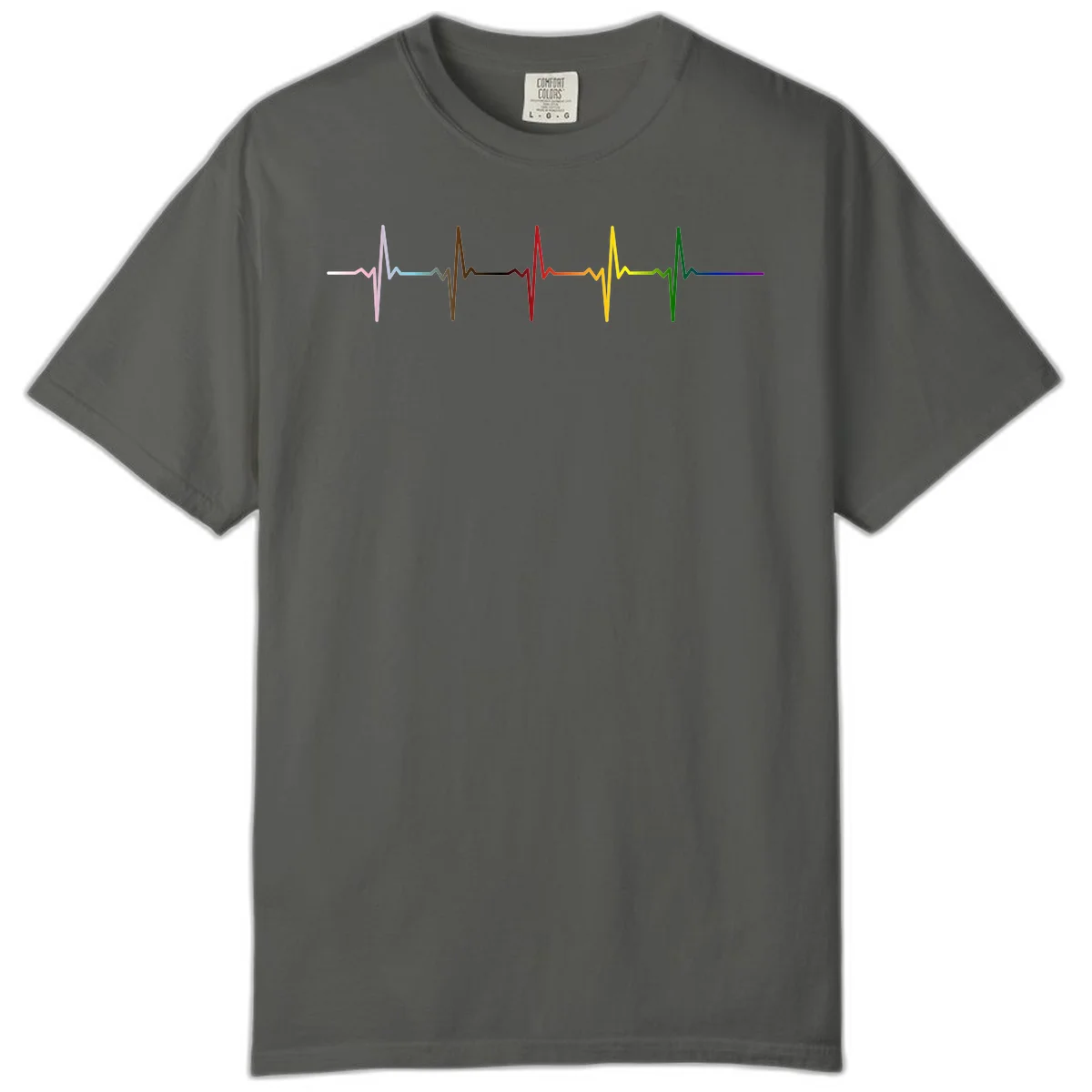 Rainbow heartbeat EKG waveform with each pulse peak in different pride colors including pink, red, yellow, green, and blue in Pepper