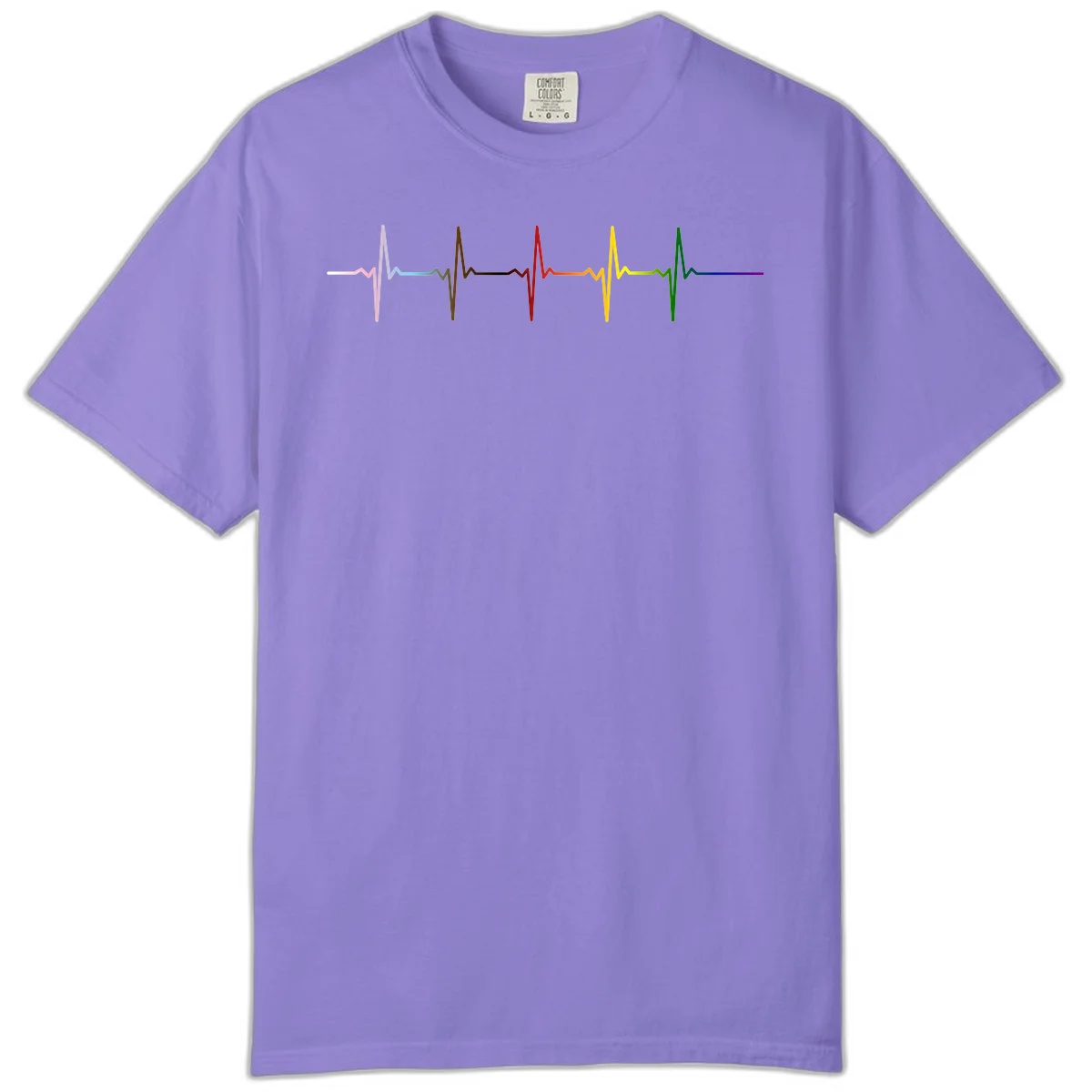Rainbow heartbeat EKG waveform with each pulse peak in different pride colors including pink, red, yellow, green, and blue in Violet
