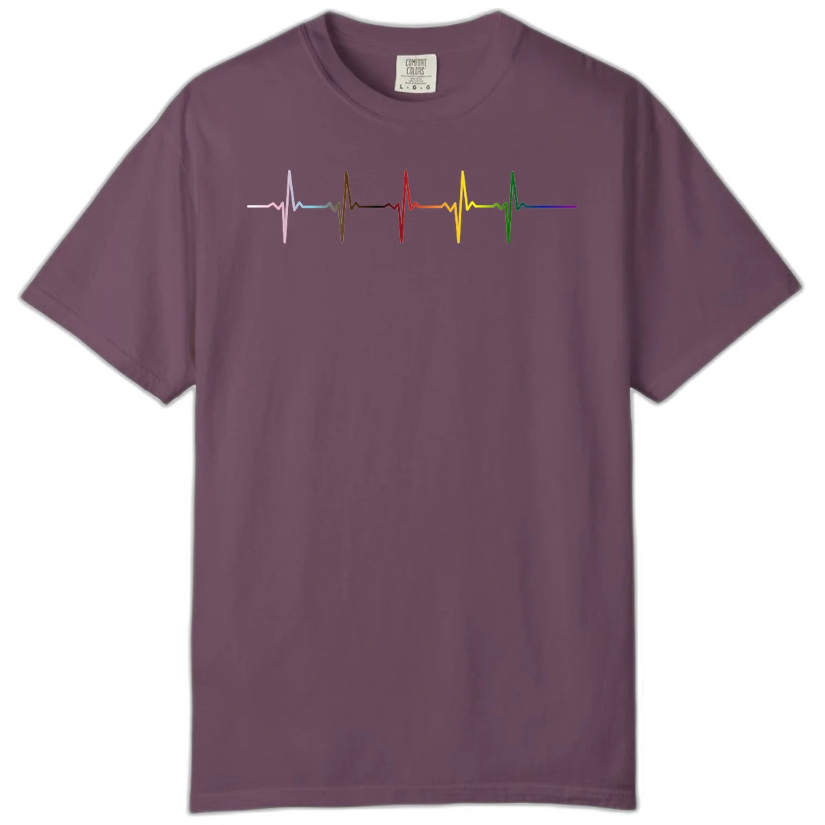 Rainbow heartbeat EKG waveform with each pulse peak in different pride colors including pink, red, yellow, green, and blue in Berry