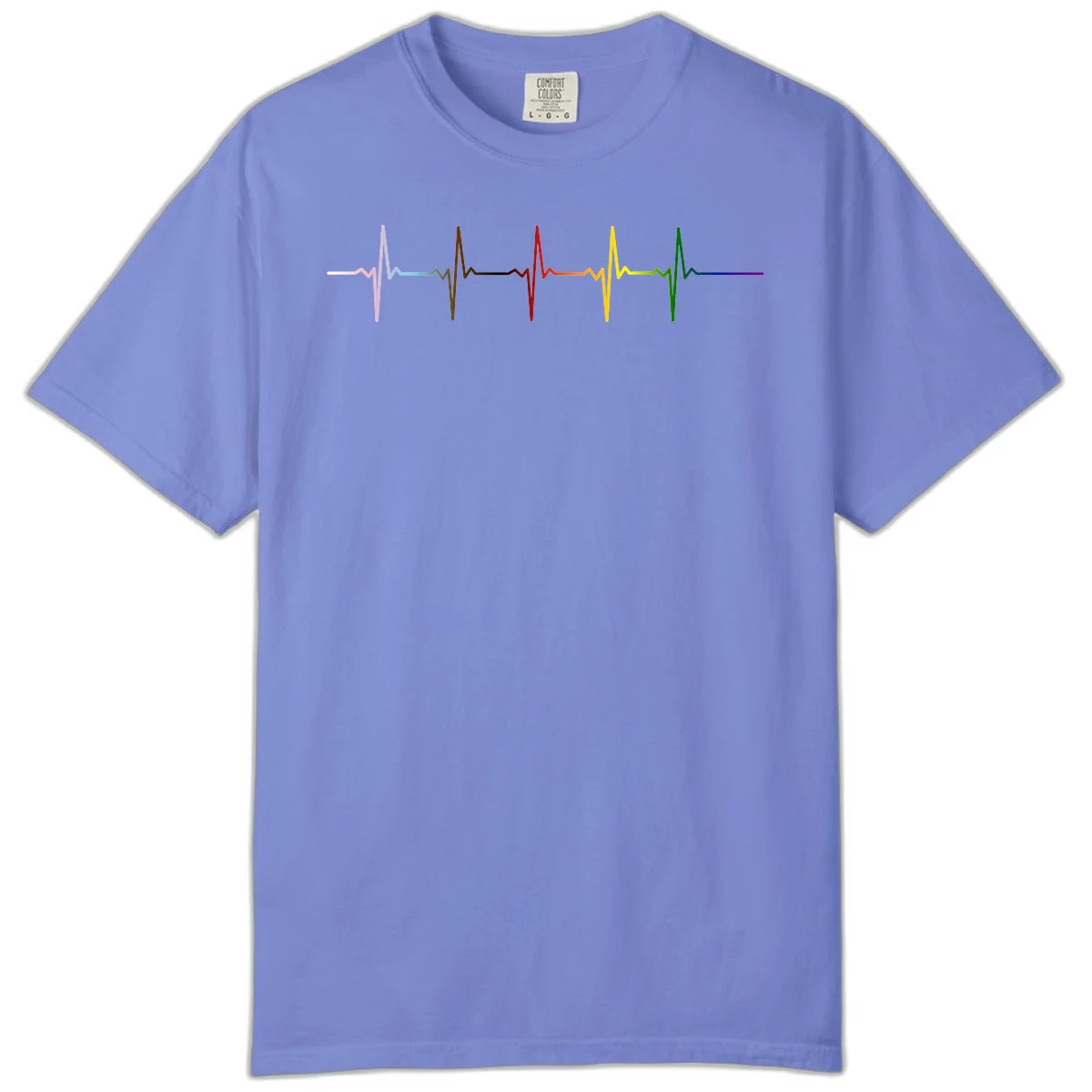 Rainbow heartbeat EKG waveform with each pulse peak in different pride colors including pink, red, yellow, green, and blue in Flo Blue