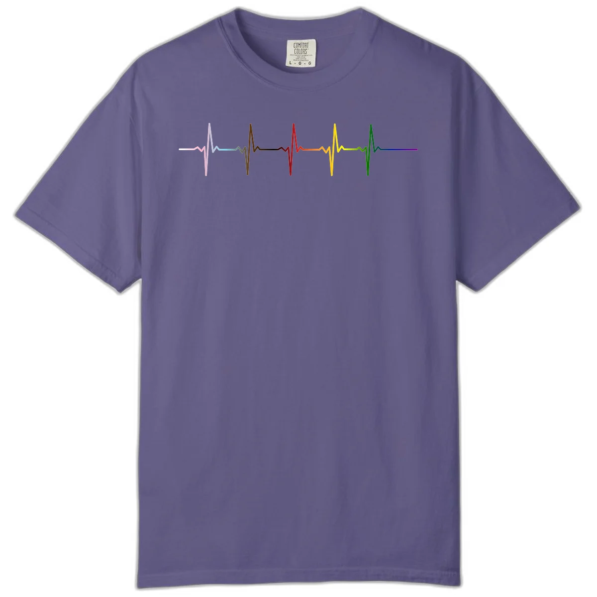 Rainbow heartbeat EKG waveform with each pulse peak in different pride colors including pink, red, yellow, green, and blue in Grape