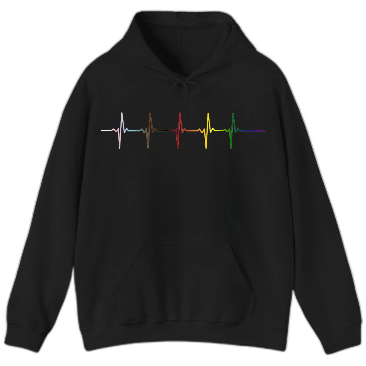 Rainbow heartbeat EKG waveform with each pulse peak in different pride colors including pink, red, yellow, green, and blue in Black